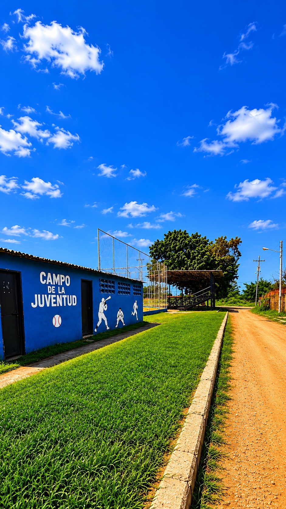 Edificio azul del Campo de la Juventud con murales de béisbol junto a la grama