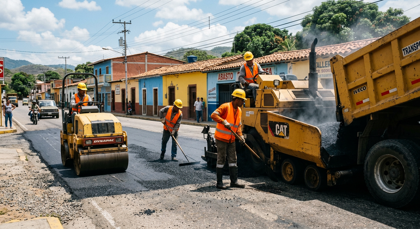 Trabajadores asfaltando una calle en Guacara