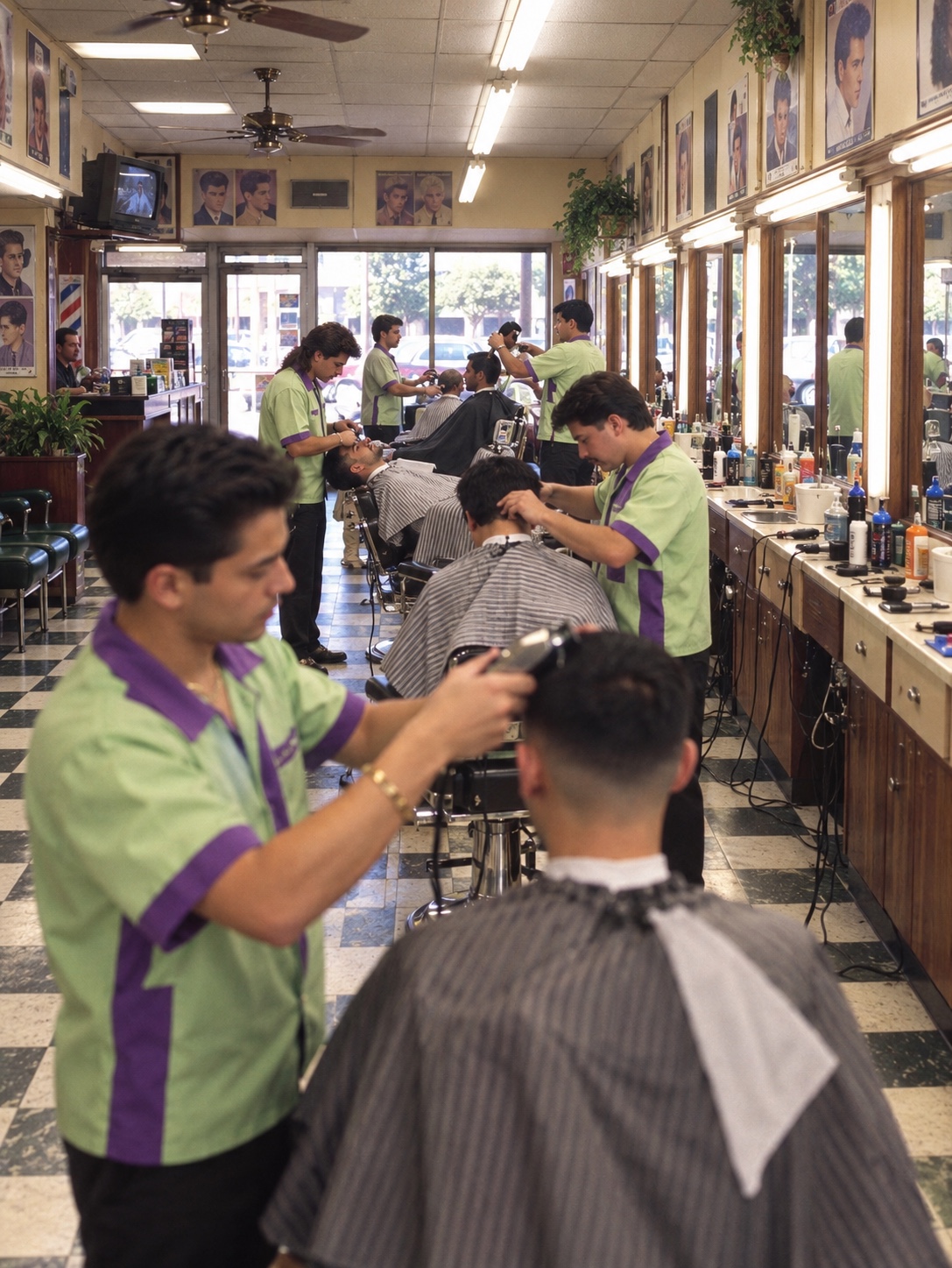 Barberos con camisas verdes y moradas cortando el cabello a varios clientes en la Barbería Municipal