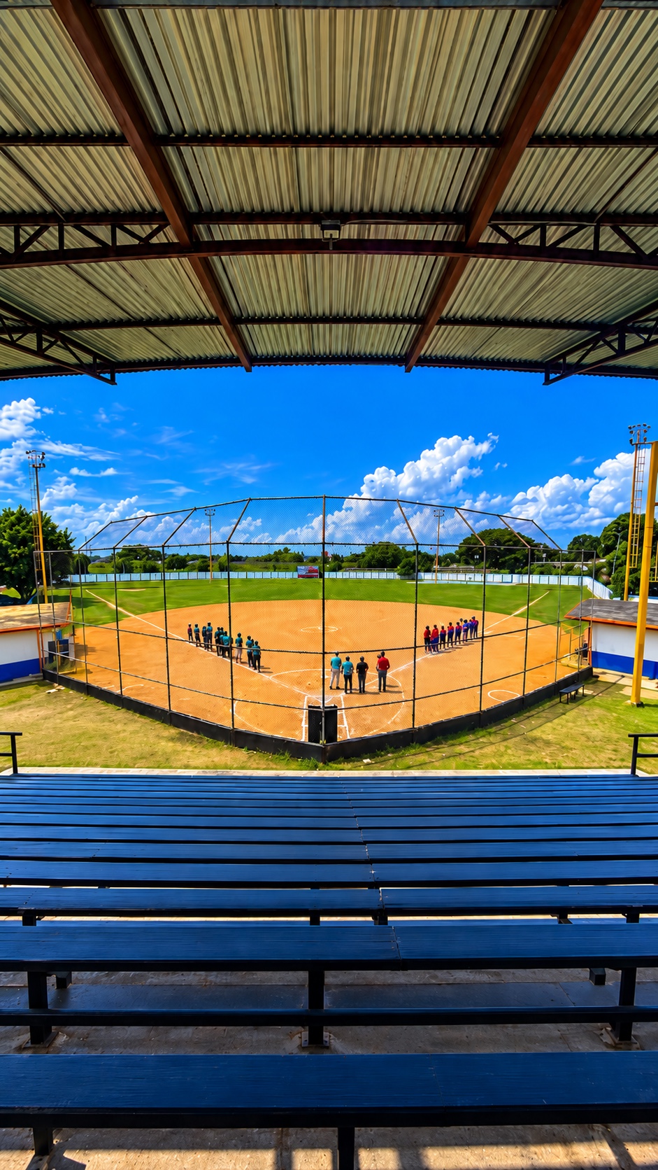 Complejo Deportivo de San Rafael visto desde las gradas techadas, con los equipos en formación