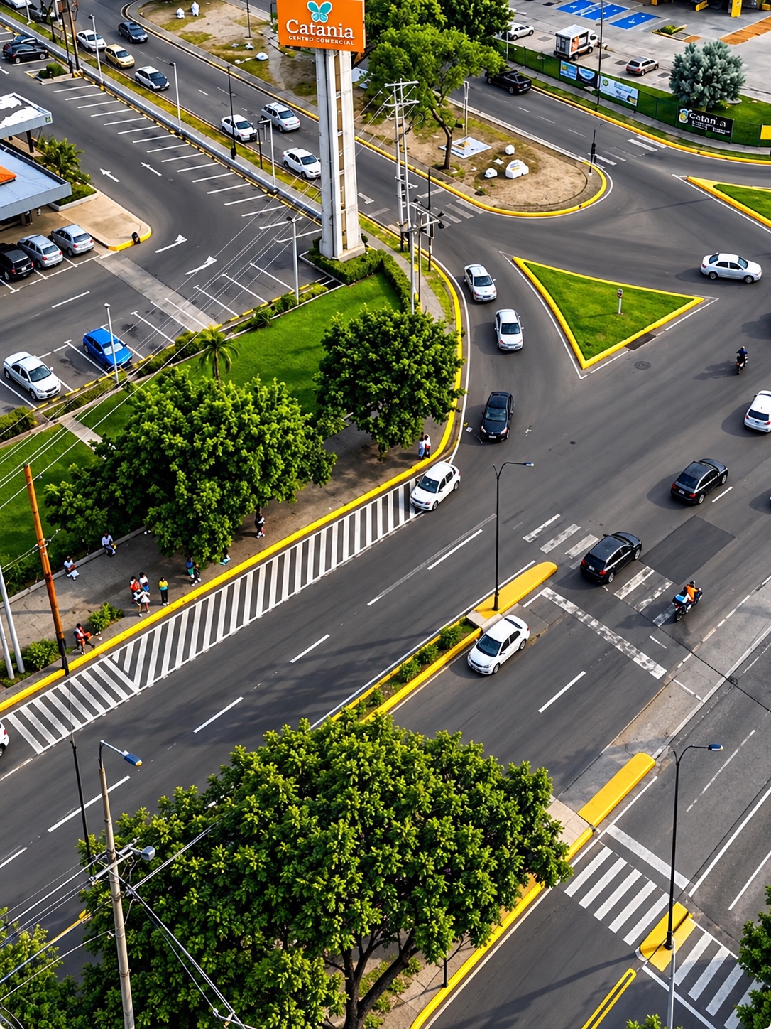 Vista aérea de la vía Ciudad Alianza–Pirelli con varios canales, rayados peatonales y el letrero del Centro Comercial Catania